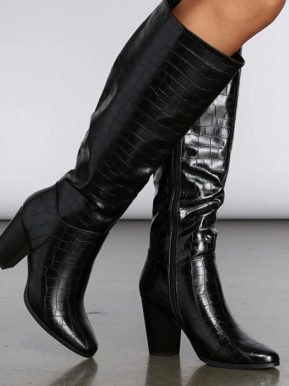 Windsor Black Croc-Embossed Knee-High Heeled Boots